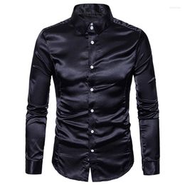 Men's Dress Shirts Luxury For Black Satin Silk Smooth Men Tuxedo Shirt Slim Fit Wedding Party Prom Casual Chemise Homme