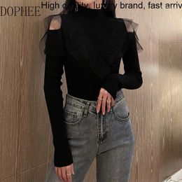 Women's Sweaters Autumn 2023 Winter Women Black Knitting Top Elegant Off-the Shoulder Half High Collar Sexy Mesh Ruffles Long Sleeve