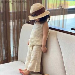 Clothing Sets Clothing Sets Summer Baby Clothes Fashion Hollow Lace Design Knit Sleeveless Pullovers Top Vest Tassel Elastic Wide Leg Pants Kids Z230703