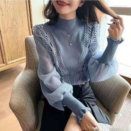 Women's Sweaters Women Blouses Elegant Long Puff Sleeve Office Shirts With Rivets 2023 Ladies Round Collar Tunic Fashion Solid Loose Tops