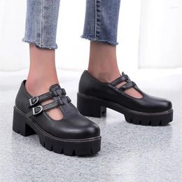 Dress Shoes Spring 2023 Double-Breasted Buckle Thick Heel Women's Pumps Classic Retro Round Toe Waterproof Platform Loafers