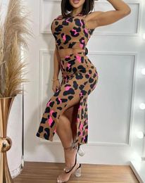 Two Piece Dress Sets Womens Outifits Summer Fashion Leopard Print Tied Detail Round Neck Sleeveless Top Casual Skinny Skirt Set 230630