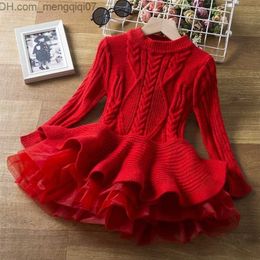 Girl's Dresses Girl's Dresses Girls Long Sleeve Knitting Dresses Autumn/Winter Warm Birthday Party Ruffle Princess Costume Kids Red Christmas Disfraz Z230704