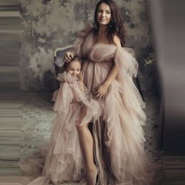 Girl s Dresses Elegant Long Puffy Tulle Mom And Me Custom Made For P o Shoot Women Maternity Dressing Gowns V Neck Slit Dress 230703