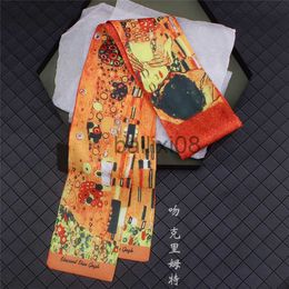 Scarves Gustav KlimtThe KissOil Painting Twill Silk Scarf Women Neckerchief Skinny Bag Scarf Female Headband Scarves Wraps For Ladies J230703