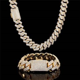 18mm Three Row Zircon Rhombus Cuban Chain Chunky Hip Hop Men's Necklace Bracelet Wholesale