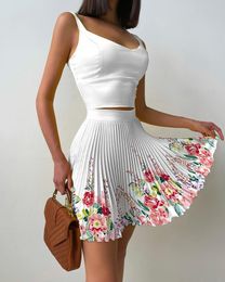 Two Piece Dress Short Skirt Sets Set For Women 2 Floral Print Camisole Pleated White Outfit Sexy Club Party 230630