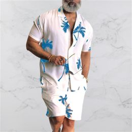 Men's Tracksuits Summer Beach Wear Clothes Men Hawaiian Shirt Set 2 Piece Outfit Button Up Shirts Coconut Tree Printed Button Up TShirts Vacation 230703