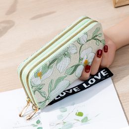 Double Zipper Long Wallet for Women Fashion Flower Embroidery Coin Purses Card Holder Female PU Leather Clutch Phone Money Bag