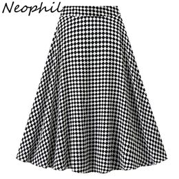 Dresses Neophil 2022 England Style Checkered Women Summer Skirts Houndstooth Swing Faldas Plisada Aline Black Plaid Midi Skirt S220316