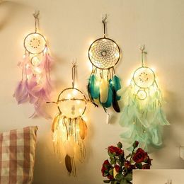 Other Event Party Supplies Dream Catcher Feather Girl Style Handmade Dreamcatcher With String Light Innovative Home Bedside Wall W Dhixj