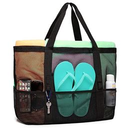 Shopping Bags 9 Pockets Large Beach Bag For Towels Mesh Durable Picnic Bags For Toys Waterproof Underwear Pocket Beach Tote Bag Summer 230701