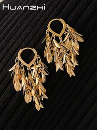 Dangle Chandelier HUANZHI Leaf Tassels Wheat Drop Earrings for Women Girl Gold Colour Ear Buckle Personalised Exaggerated Design Jewellery 2023 230703