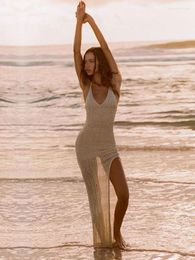 Women's Swimwear Sexy Spaghetti Strap V Neck Backless Slit Cut Out Bodycon Maxi Dress 2023 Summer Woman Clothes Beachwear Swimsuit Cover Up
