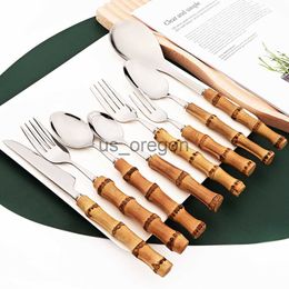 Dinnerware Sets Drmfiy Stainless Steel Flatware Natural Bamboo Handle Dinnerware Vintage Salad Server Fork Spoon Cutlery Set Kitchen Tableware x0703