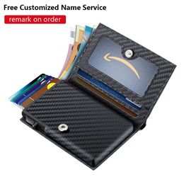 Customised Logo Carbon Fibre Wallet Metal Card Holder Men Woman RFID Blocking 100% Genuine Leather Wallet Slim Pop Up Cardholder