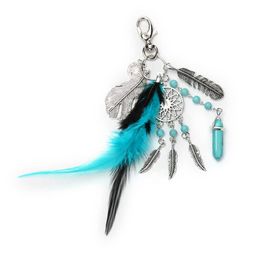 Handmade Natural Stone Keychain Dream Catcher Keyring Tassels Feather Women Silver Boho Jewelry Gift For