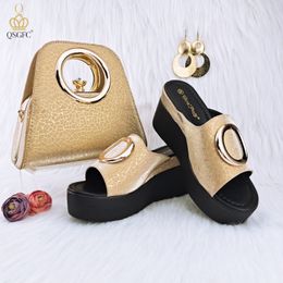 Sandals QSGFC Fashion Simple Gold Flash Matte Surface Ladies Shoes Bag Set in Women Nigerian With Waterproof Platform 230630