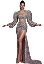 African Sequins Mermaid Formal Evening Dresses With Long Sleeves High split sexy Plus Size Sparkly Beaded Prom Pageant Gowns crystal Robe De Soiree