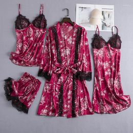 Women's Sleepwear 4PCS Lace Print Pyjamas Sets Women Sleep Suit Spring Silky Satin Kimono Strap Top&Short Pijamas Chest Pads Nightgown