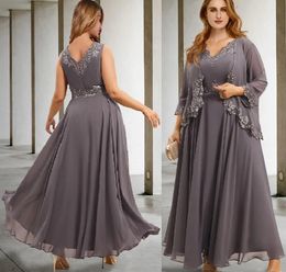 Two Piece A-Line Mother of the Bride Dress Gray Ankle Length Sleeveless V Neck Chiffon Lace Wedding Guest Party Gowns Vestido de Festa Plus Size