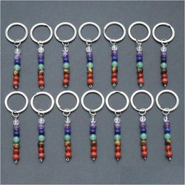 Keychains Lanyards Natural Crystal Stone Keychain 7 Chakra Beads Key Rings Bag Pendant Car Decor Chain Keyholder Drop Delivery Fas Dhsvz