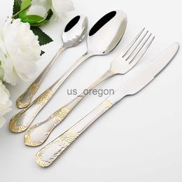 Dinnerware Sets Knife Fork Tea Spoon Dinnerware Cutlery Set Golden Pattern Silverware 1810 Stainless Steel Tableware Set Party Kitchen Flatware x0703