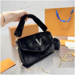 Wallets Winter Wool Soft Handbags Designer Women Underarm Hobo Totes Small Crossbody Chain Shoder Bags Fur Purses Two Strap With Box Dhufr