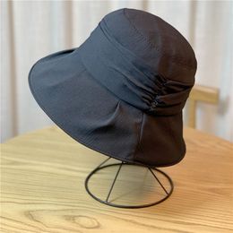 Brand New Cotton Pleated Bucket Hat for Women Summer Outdoor Hip Hop Foldable Solid Colour Tweed Sun Cap Beach Chapeau