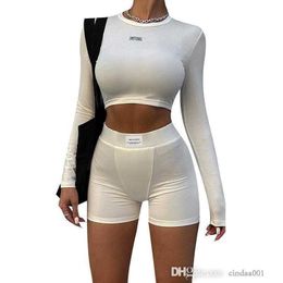 FASHION Womens Shorts Tracksuits Knitted Round Neck Long Sleeved Crop Top T-shirt Sweatshirt Two Piece Sports Versatile Suit