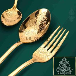 Dinnerware Sets Gold Luxury Cutlery Sets Fork Spoons Knife Silverware Kit Vintage Carved Tableware Set European Dinnerware For Home Kitchen x0703