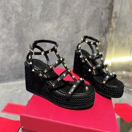 Women Black Crochet Wedge Sandals Woven Platform Slippers Chunky Rope Sole Espadrille Lady Platforms Heel