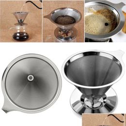 Coffee Tea Tools Cone Shaped Stainless Steel Dripper Double Layer Mesh Philtre Basket Reusable Drop Delivery Home Garden Kitchen Di Dhvbt