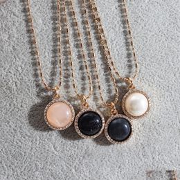 Pendant Necklaces Fashion Natural Stone Black Bluesand Pink Rose Quartz Healing Rhinestone Gold Bead Chain Necklace For Women Jewelr Dhfuo