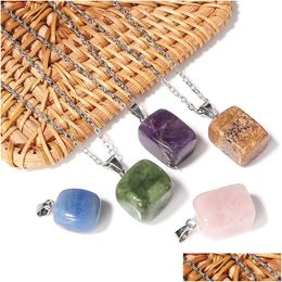 Pendant Necklaces Cubic Square Healing Crystal Natural Stone Charms Green Pink Opal Stainless Steel Chain Wholesale Christmas Jewelr Dh7Xw