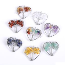 Charms 30Mm Rainbow Tree Of Life Natural Amethyst Crystal Heart Pendant Necklace Energy Stone Healing Meditation Yoga Gift Wholesale Dhgtl