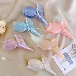 2023 Korean Women Acetate Tulip Flowers Hair Claws Crab Clamps Elegant Acrylic Pearl Lady Hair Clips Retro Make up Hairdress