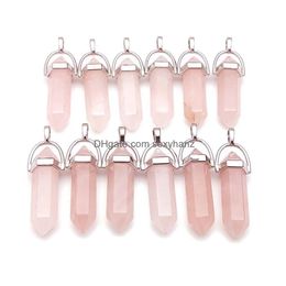 Charms Fashion Natural Pink Rose Quartz Stone Teardrop Pillar Shape Point Chakra Pendant For Necklace Earrings Jewellery Making Drop D Dhdo9