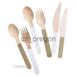 Dinnerware Sets Wooden Cutlery Set 12pcs Disposable Wood Spoons Gold Silver Cake Icecream Natural Party Wood Dessert Tableware Decoration x0703