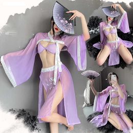 Sexy Set Chinese Costume Cosplay Uniform Lace Cutout Skirt Hanfu Sexy Lingerie Woman Classical Nightdress See Through Mesh Sex NightgownsHKD230703