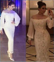 White Mermaid 2023 Evening Dresses Lace Off The Shoulder Long Sleeves Ankle Length Ruffles Plus Size Prom Gown Formal Custom Vestidos