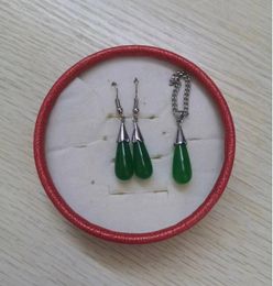 Cylindrical water droplet green Malay jade 925 silver pendant necklace earrings set 2 piece Jewellery set