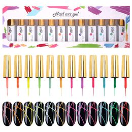 False Nails 12 ColorsSet Gel Pull Liner Nail Polish Kit UVLED Gel For DIY Hook Line Manicure Painting Gel Nail Art Supplies Brushed Design 230701