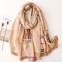 Fashion Bur Home womens scarves for winter and autumn Japanese Korean fashion cotton linen with messy rolled edges khaki plaid border scarf decoration paired w