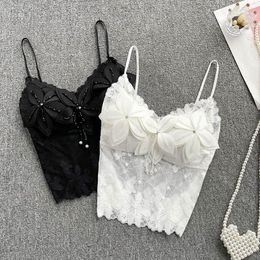 T-Shirt Women Spaghetti Straps Tanks and Camis Urban Flowers Corset Bustier Crop Top Slim Lace Camisole Summer Clothes Dropshipping