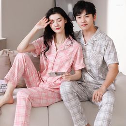 Women's Sleepwear High Quality Couple Pyjamas Set Cotton Leisure Young Lovers Turn-down Collar Plaid Pyjamas