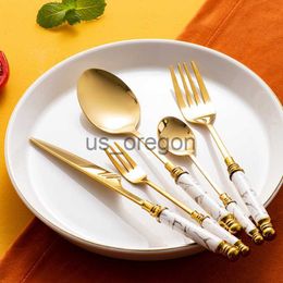 Dinnerware Sets 5pcs Stainless Steel Cutlery Set W Ceramic Handle Knife Fruit Fork Coffee Spoon For Kitchen Dinner Tableware Cutlery Set x0703