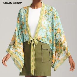 Women's Swimwear 2023 BOHO Women Green Fruit Lemon Print Kimono Shirt Batwing Sleeve V-Neck Lacing Up Bow Tide Cardigan Summer Beach Cape