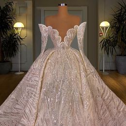 Sparkly Ball Gown Wedding Dresses V Neck Long Sleeves Sequins Appliques Beaded Floor Length Ruffles 3D Lace Zipper Exquisite Bridal Gowns Plus Size Vestido de novia