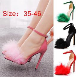 Sexy 1969 Black Sandals Women Dress Feather Flock 11Cm High Heel Bohemian British Style Lady Party Shoes Plus Big Size 45 46